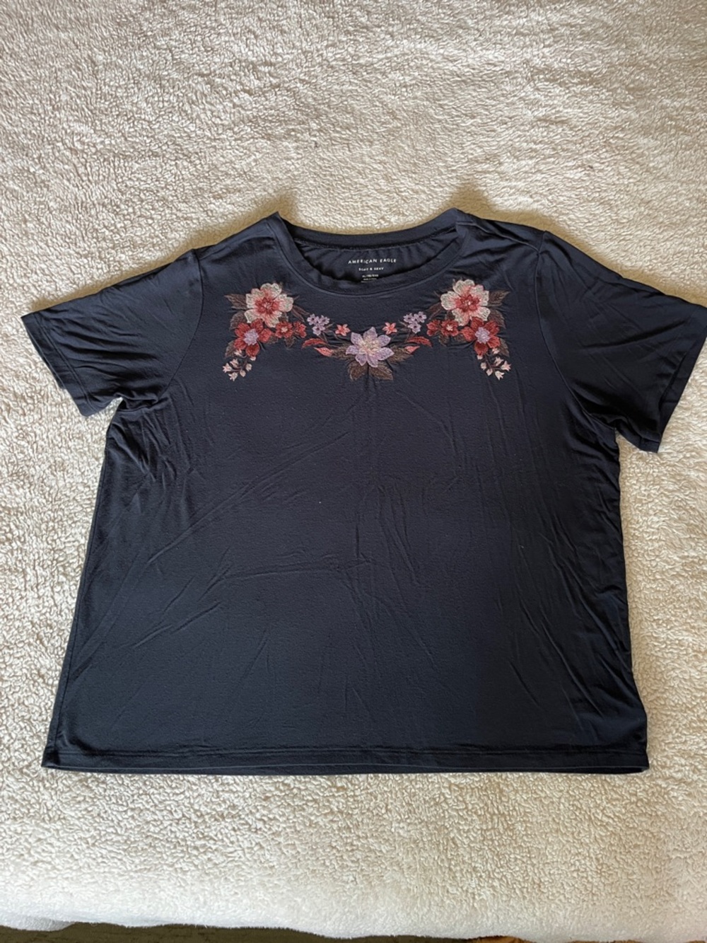 American Eagle Navy Tee with Embroidered Floral Detail